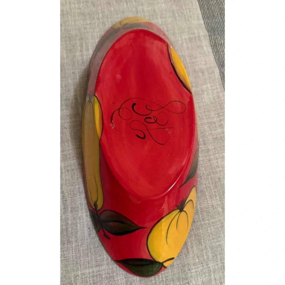 Hand-Painted Ceramic Fruit Bowl – Black w/ Yellow Polka Dots Pears Red– Signed